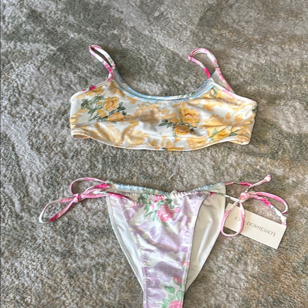 LoveShackFancy Floral Bikini in Yellow and Pink